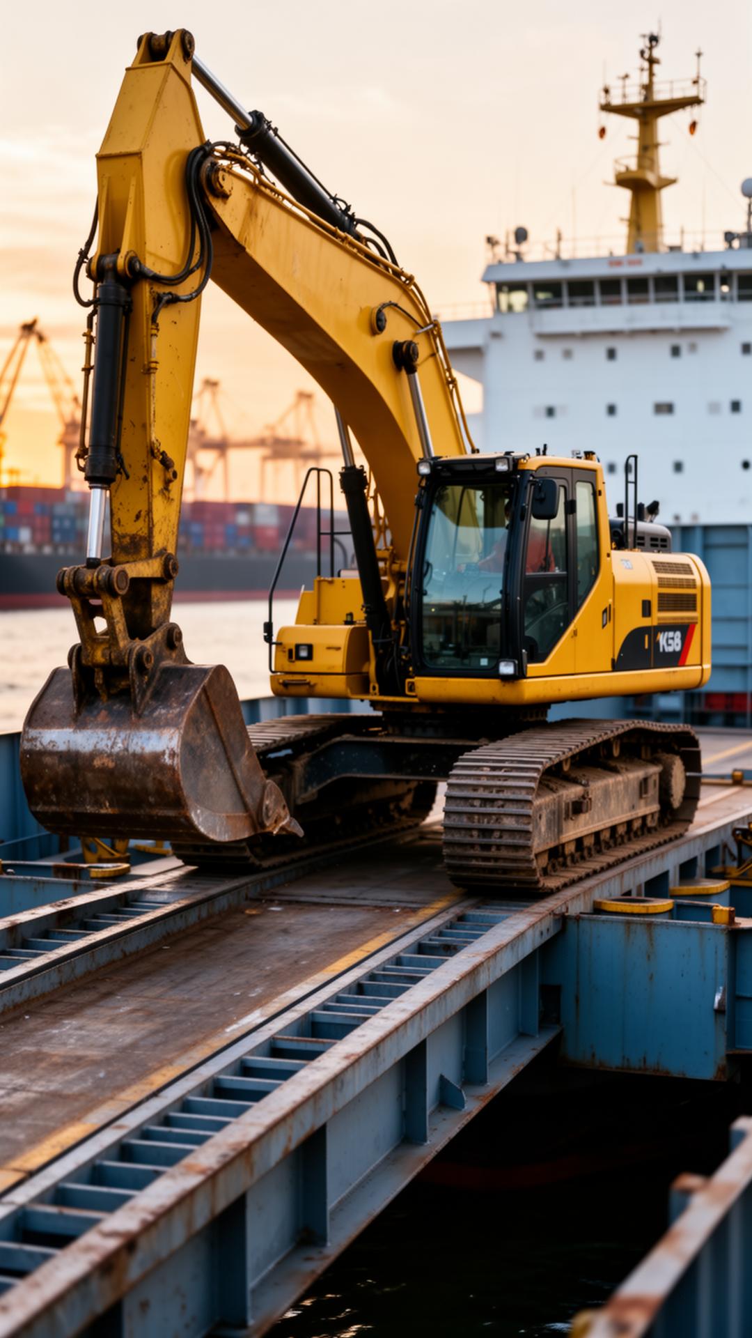 Excavator loading onto cargo ship